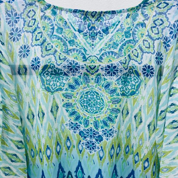 Susan Graver Sheer Chiffon Tunic Top Size L Blue Green Ikat Geometric V-Neck - Picture 6 of 8
